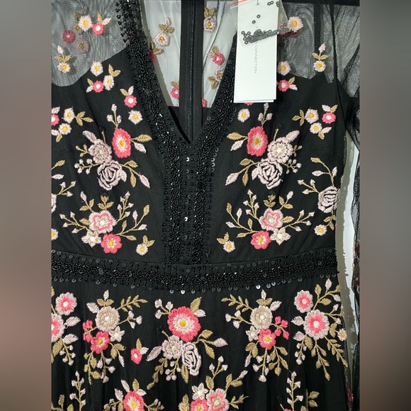 French Connection Eve midi dress with embroidery and mesh detailing in black - Picture 6 of 11